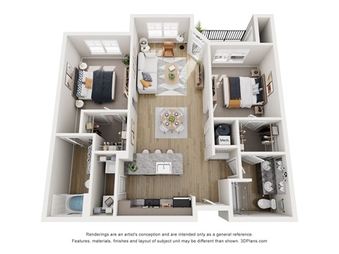 Floor plan for 2 beds, 2 baths, 1049 sqft